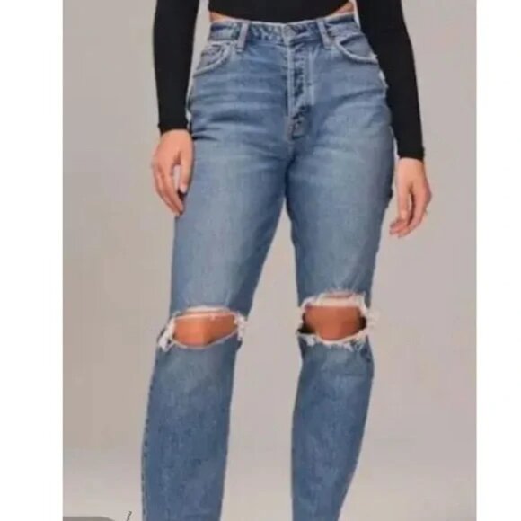 Abercrombie & Fitch Jeans Curve Love The Dad High Rise Double Knee Destroy 28R - Picture 14 of 14